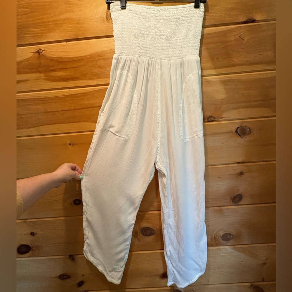 Prana Fernie White Smocked Jumpsuit W/ Pockets, Removable Straps size XS NWT